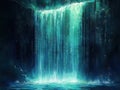 Digital waterfall cascades down dark rocky walls. Binary code flows like water. Abstract tech art piece. Futuristic visual. Blue Royalty Free Stock Photo
