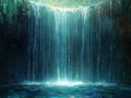 Digital waterfall cascades down wall of abstract blocks. Binary code flows in water like virtual stream. Tech, nature merge in Royalty Free Stock Photo