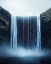 Digital Waterfall Flowing with Binary Code in Futuristic Landscape