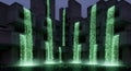 Digital Waterfall Futuristic Buildings with Green Binary Code Cascades at Night Royalty Free Stock Photo