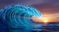 Digital Wave Binary Code Surfing the Ocean at Sunset, Data Stream Royalty Free Stock Photo