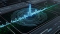 Digital waveform analysis showing vibrant blue oscillating signal on a dark technological interface Royalty Free Stock Photo