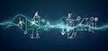 digital waveforms and circuits converging to form abstract symbols of various sports