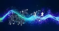 digital waveforms and circuits converging to form abstract symbols of various sports