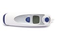 Digital white and blue thermometer with display isolated over white.