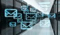 Emails exchange over server room data center 3D rendering Royalty Free Stock Photo