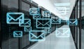 Emails exchange over server room data center 3D rendering