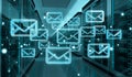 Emails exchange over server room data center 3D rendering Royalty Free Stock Photo