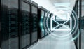 Emails exchange over server room data center 3D rendering