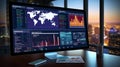 Digital widescreen desktop monitor displays business intelligence ROI charts on the table in a blurred background. AI generated.