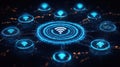 Digital wifi network system with multiple interconnected devices. Dynamic glowing network infrastructure displayed on modern tech Royalty Free Stock Photo