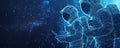 Digital wireframe astronauts exploring deep space with futuristic devices Royalty Free Stock Photo