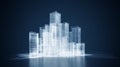Digital wireframe city glowing skyscrapers illuminated network symbolizing smart city infrastructure urban connectivity