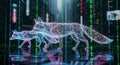 Digital Wireframe Foxes in Rainy Neon Cyberpunk City with Binary Code Royalty Free Stock Photo
