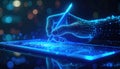 Digital wireframe hand drawing on tablet with blue lights representing AI creativity, digital design and futuristic Royalty Free Stock Photo