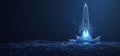 Digital wireframe hologram of a rocket launching into space with geometric network Royalty Free Stock Photo
