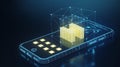 Digital Wireframe Smartphone with 3D H-shaped Structure & Data Cubes - Blockchain Tech Royalty Free Stock Photo
