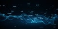 Digital wireframe waves with numerical data, blue technical background, visualization concept. 3D Rendering