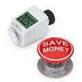 Digital Wireless Radiator Thermostatic Valvenear Red Button Knob with Save Money Sign. 3d Rendering