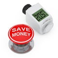 Digital Wireless Radiator Thermostatic Valvenear Red Button Knob with Save Money Sign. 3d Rendering