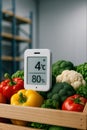 Wireless Sensor Monitoring Temperature of Vegetables in a Crate, generative ai Royalty Free Stock Photo
