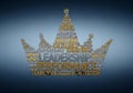 A digital word cloud in the shape of a crown on a gradient blue background. The Royalty Free Stock Photo