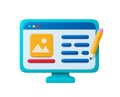 Digital work 3d office icon. Design app, computer monitor, file and pencil. Creative development, designer application