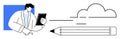 Digital Workflow and Creativity Concept with Cloud Storage, Professional Worker, and Stylized Pencil Icon Royalty Free Stock Photo