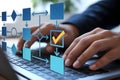 Digital Workflow Diagram Overlay on Hands Typing Laptop Illustration Royalty Free Stock Photo