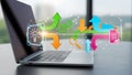 Digital Workflow Laptop with Idea Generation, Data Analysis, Business Process Management Icons Royalty Free Stock Photo