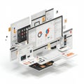 A digital workspace features a large computer monitor surrounded by multiple Royalty Free Stock Photo
