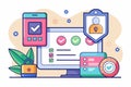 A digital workspace featuring customizable authentication elements, including a computer screen, mobile device, secure badge, and Royalty Free Stock Photo