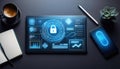 digital workspace featuring a tablet with security graphics, a smartphone, a notebook, a pen, a coffee cup, and a succulent Royalty Free Stock Photo