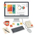 A digital workspace illustration featuring a desktop computer displaying data
