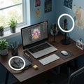 A digital workspace with a laptop displaying digital art. A circular ring light and Royalty Free Stock Photo