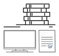 Digital Workspace Management with Stacked Files, Computer Monitor, and Signed Document