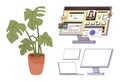 Digital Workspace with Monstera Plant and Multiple Electronic Screens Royalty Free Stock Photo
