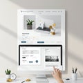 A digital workspace setup featuring a large monitor displaying a website with sections Royalty Free Stock Photo