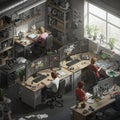 A digital workspace shows multiple individuals engaged in creative tasks at desks. Royalty Free Stock Photo