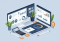 Digital workspace with three monitors displaying data analytics, charts, and graphs. Royalty Free Stock Photo