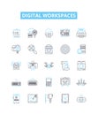 Digital workspaces vector line icons set. Digital, Workspaces, Virtual, Collaborative, Cloud, Office, Platform