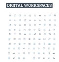 Digital workspaces vector line icons set. Digital, Workspaces, Virtual, Collaborative, Cloud, Office, Platform Royalty Free Stock Photo