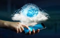 Digital world in a cloud connected to businesswoman mobile phone Royalty Free Stock Photo