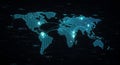 A digital world map with blue dot-matrix design, displaying key connection points Royalty Free Stock Photo