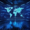 Digital World Map with Blue Neon Lights Royalty Free Stock Photo