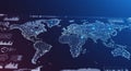 Digital world map composed of illuminated dots on a dark background, representing Royalty Free Stock Photo