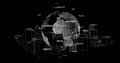Digital world map and data codes image over wireframe cityscape Royalty Free Stock Photo