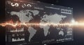 A digital world map displayed on a high-tech interface features data visualizations. Royalty Free Stock Photo