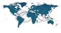 Digital world map displaying a complex global network of interconnected data and communication lines. Royalty Free Stock Photo