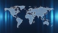 Digital world map with dotted continents glows on dark blue tech abstract background panel. Bright vertical light rays stream Royalty Free Stock Photo